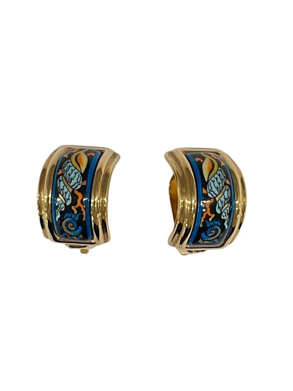 Hermes Earrings Enamel Gold Black Multi Conch
